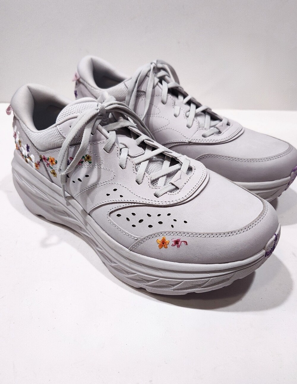 HOKA Bondi L BP Floral Embroidered Gray Leather Sneakers Women 14 Men 13 EU 48